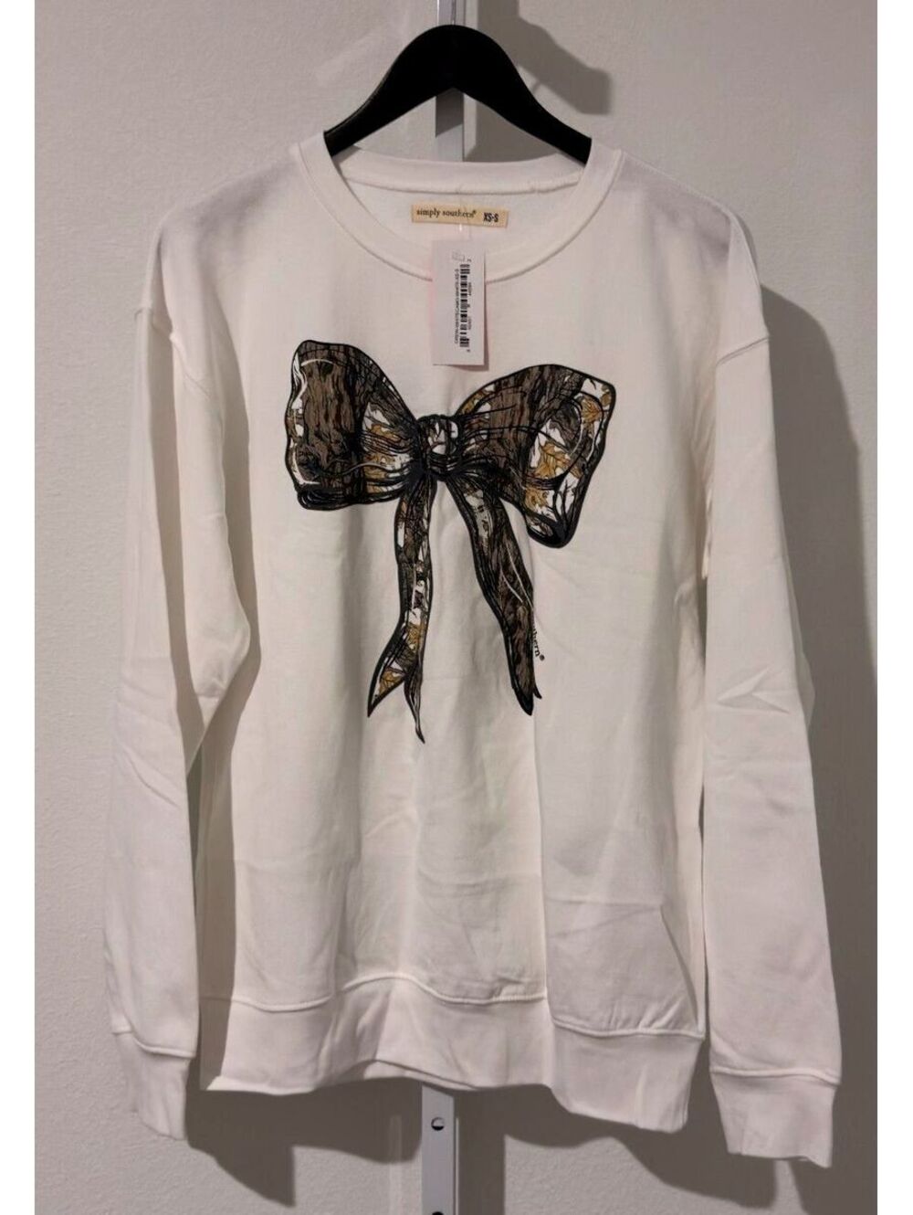 Simply Southern White Camo Bow Long Sleeve Crew Sweatshirt Size XS/S